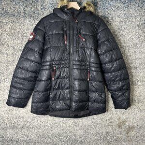 Canada Weathergear Jacket Womens Large Black Puffer Hooded Faux Fur Winter Coat‎